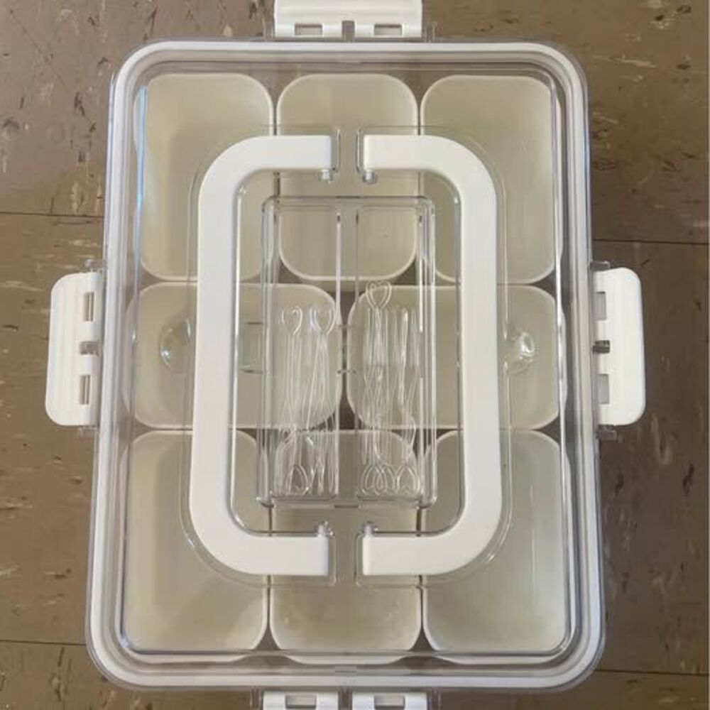 Portable Snackle Bento Box with 8 Compartments, Serving Picks, Lid, and Handles
